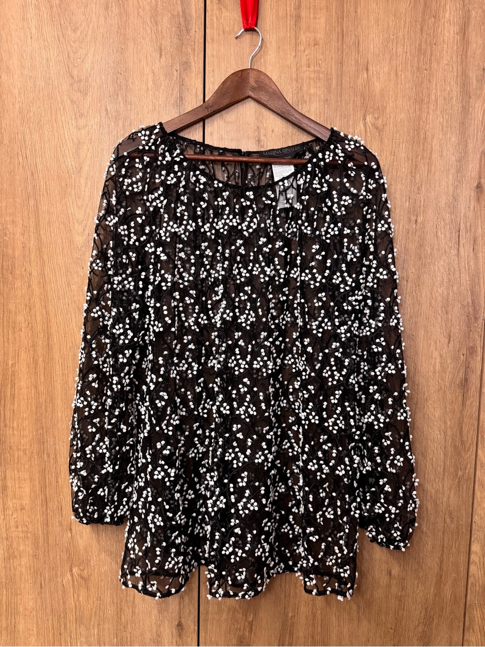 Marina Rinaldi Women’s Black Beaded Coquette Sheer Long-Sleeve Blouse Size 14
